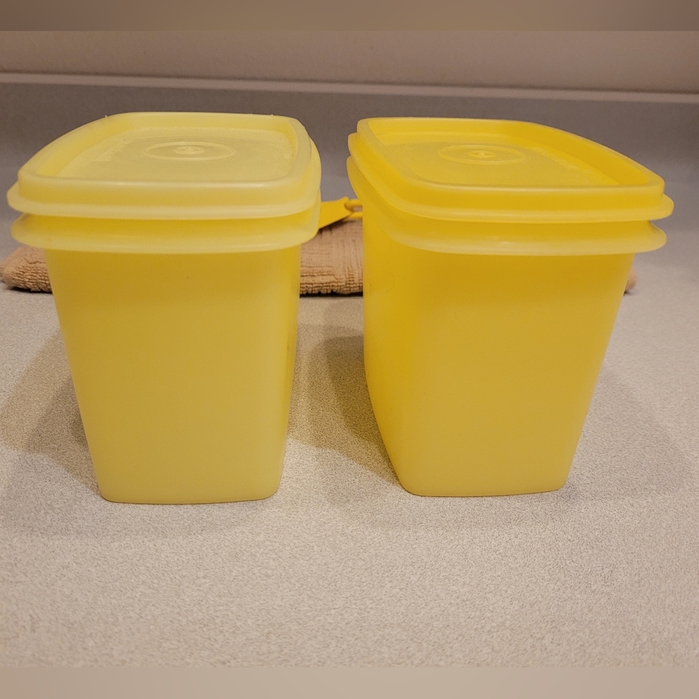 2 Vintage Tupperware Yellow Shelf Saver Containers and Lids 1243-3 and 1243-8.